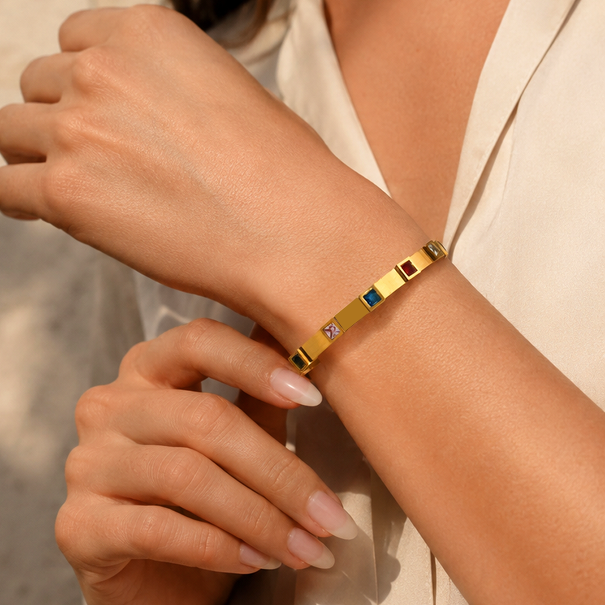 Rainbow Square Zircon Hinged Bangle Bracelet