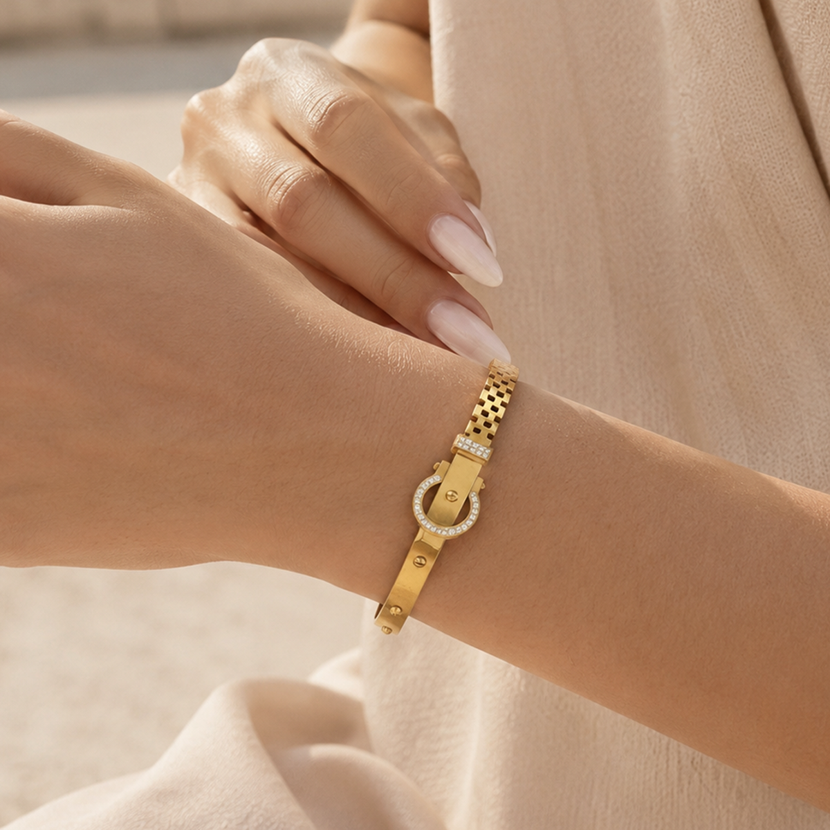 Golden Buckle Zircon Hinged Bangle Bracelet