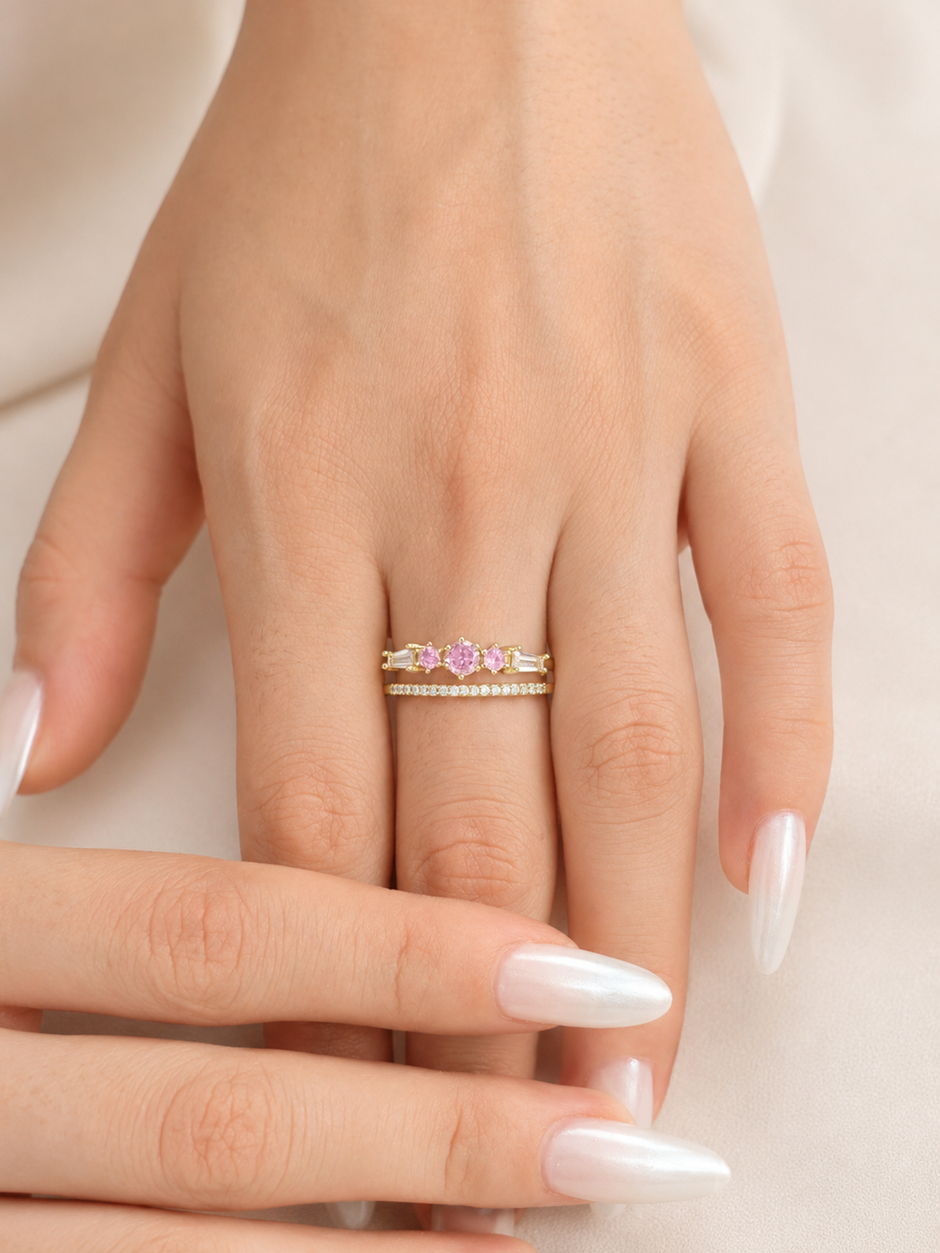 YEVORI Blush Pink Crystal Double Band Adjustable Ring