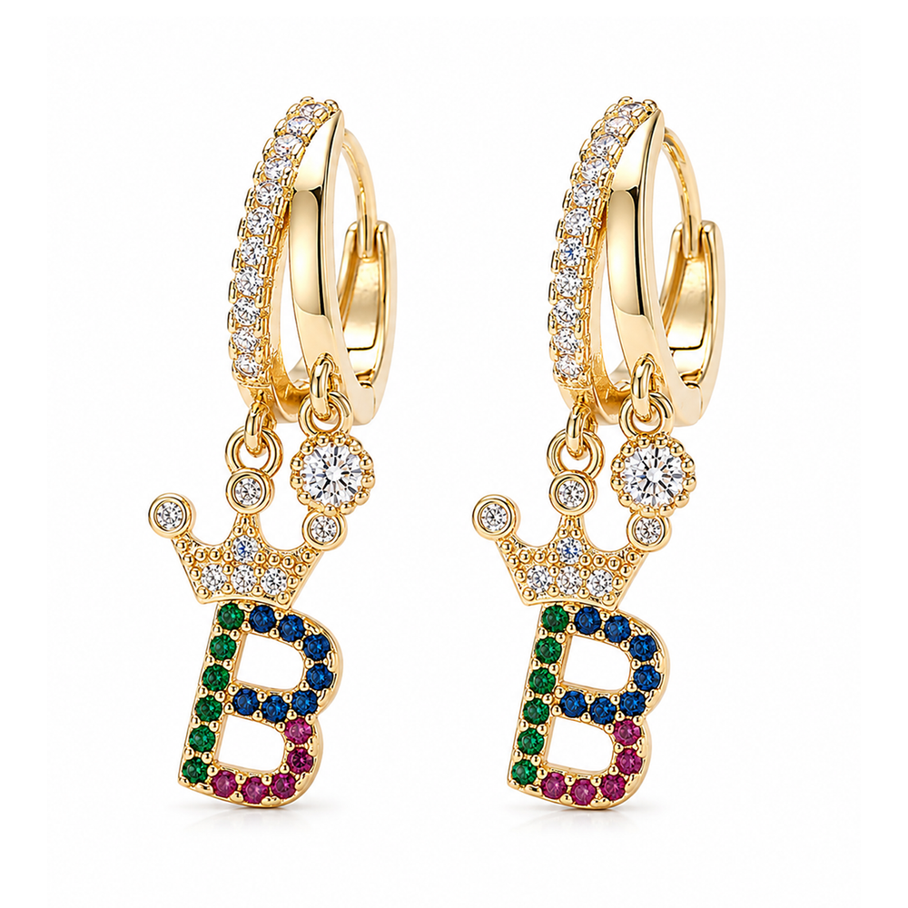 Rainbow Initial B Crown Zircon Hoop Earrings