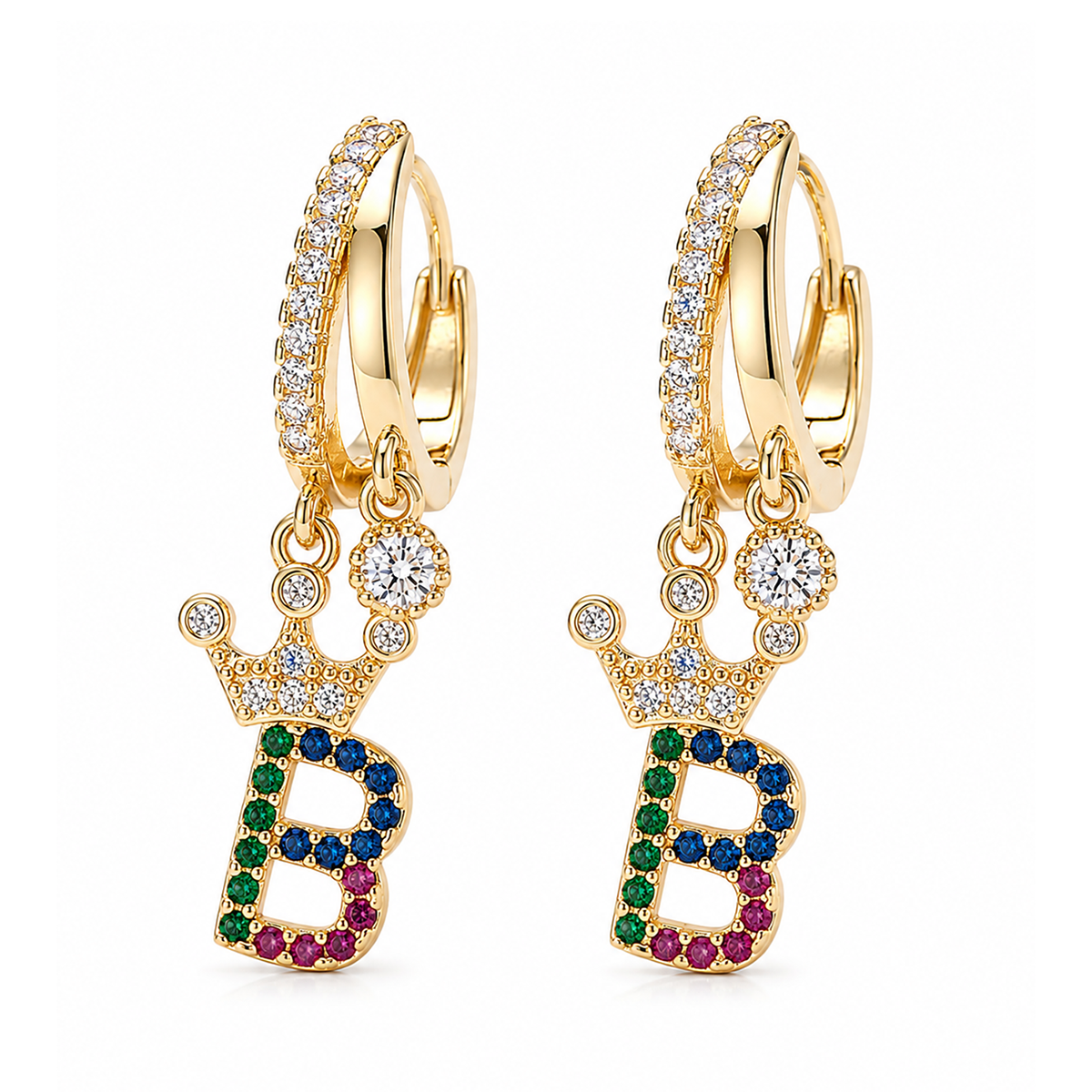 Rainbow Initial B Crown Zircon Hoop Earrings