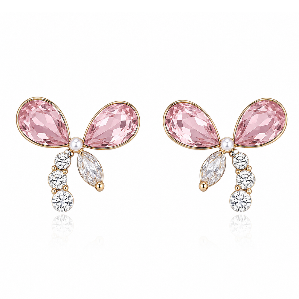 Pink Ribbon Bow Zircon Drop Earrings