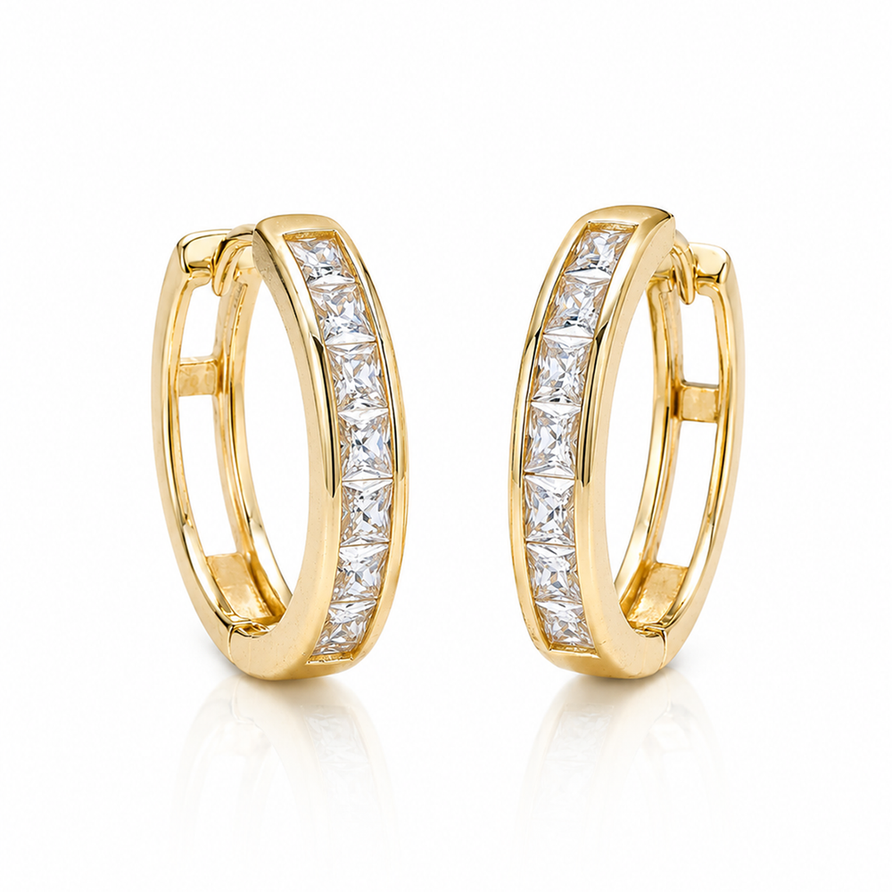 Golden Princess-Cut Zircon Hoop Earrings