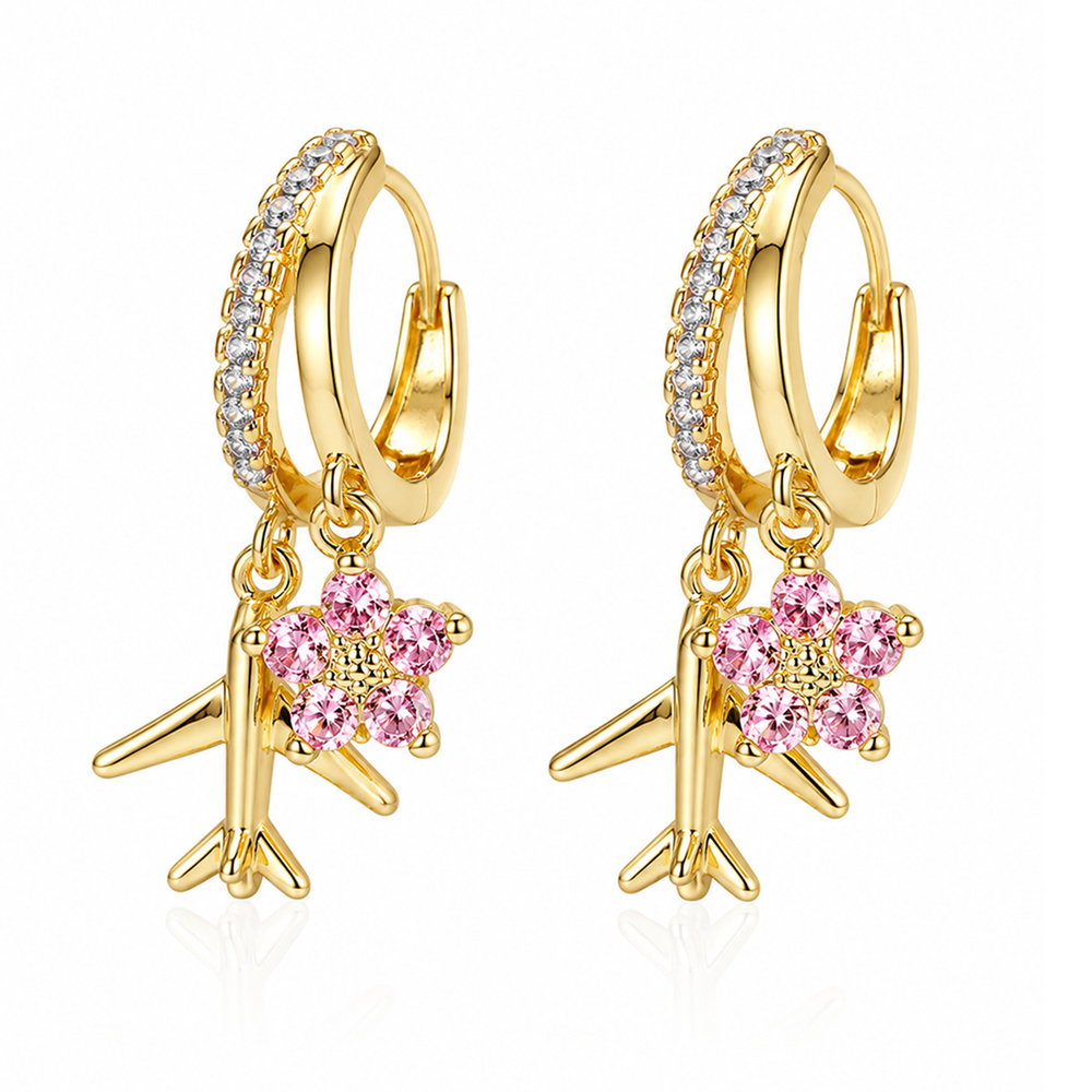 Pink Blossom Airplane Zircon Hoop Earrings