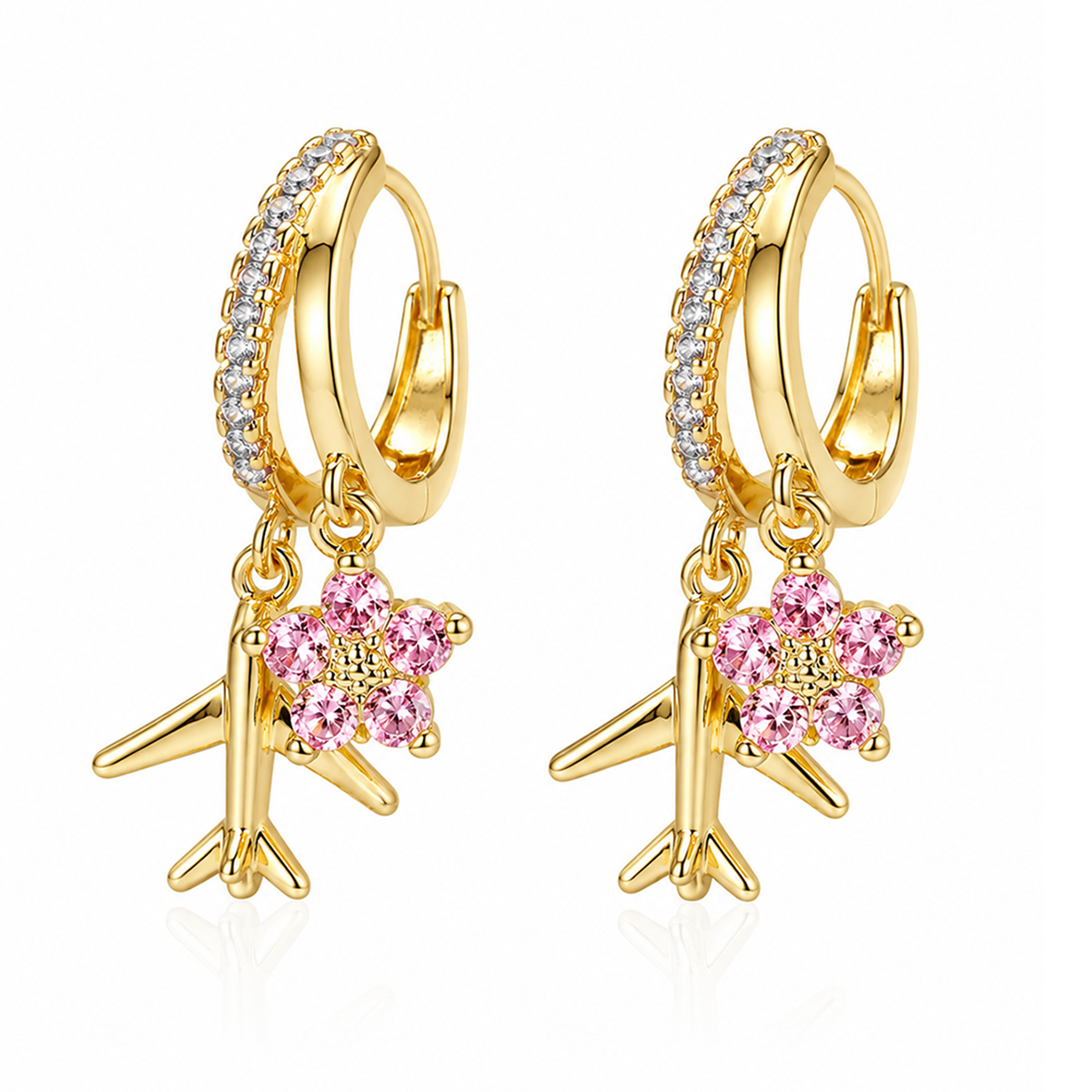 Pink Blossom Airplane Zircon Hoop Earrings