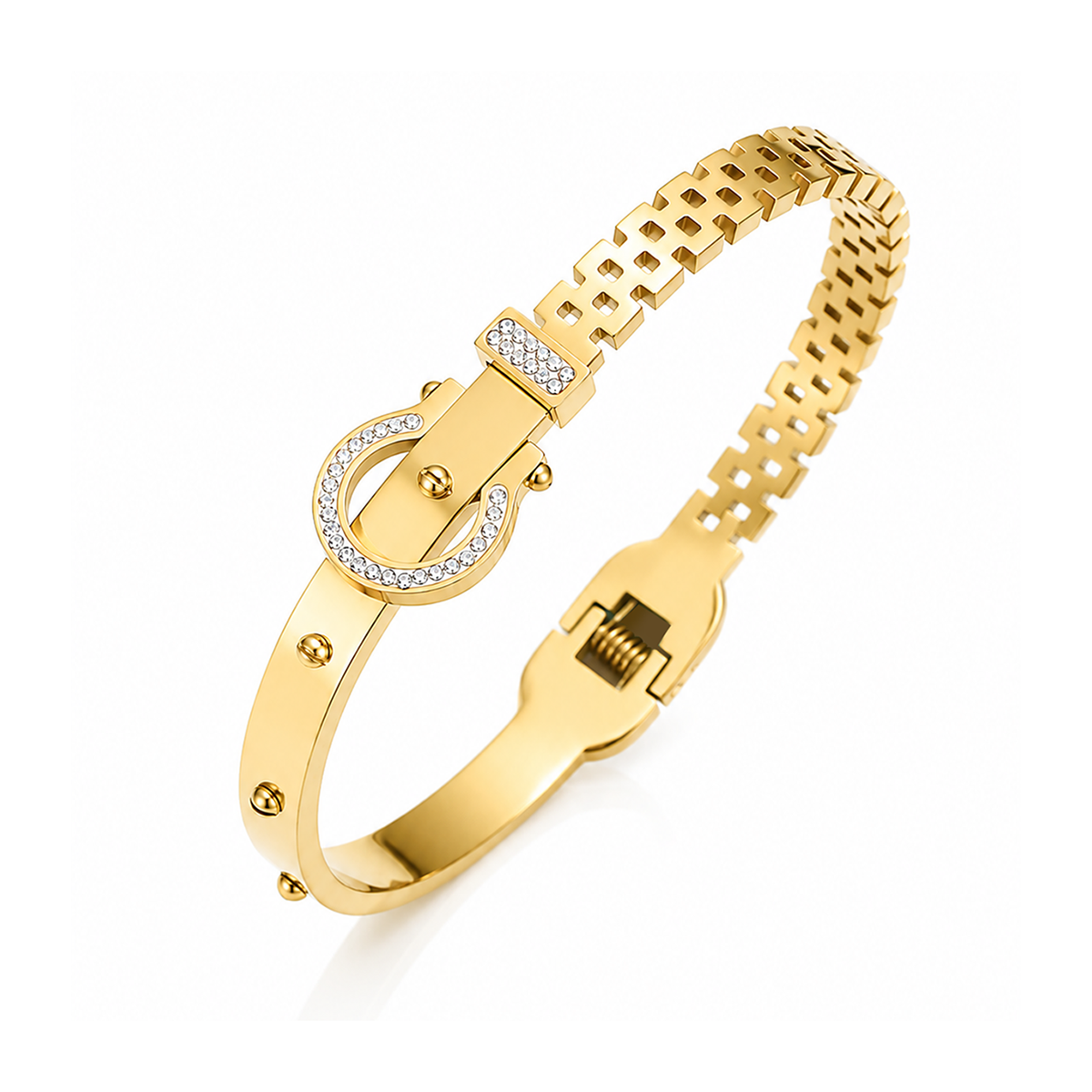 Golden Buckle Zircon Hinged Bangle Bracelet