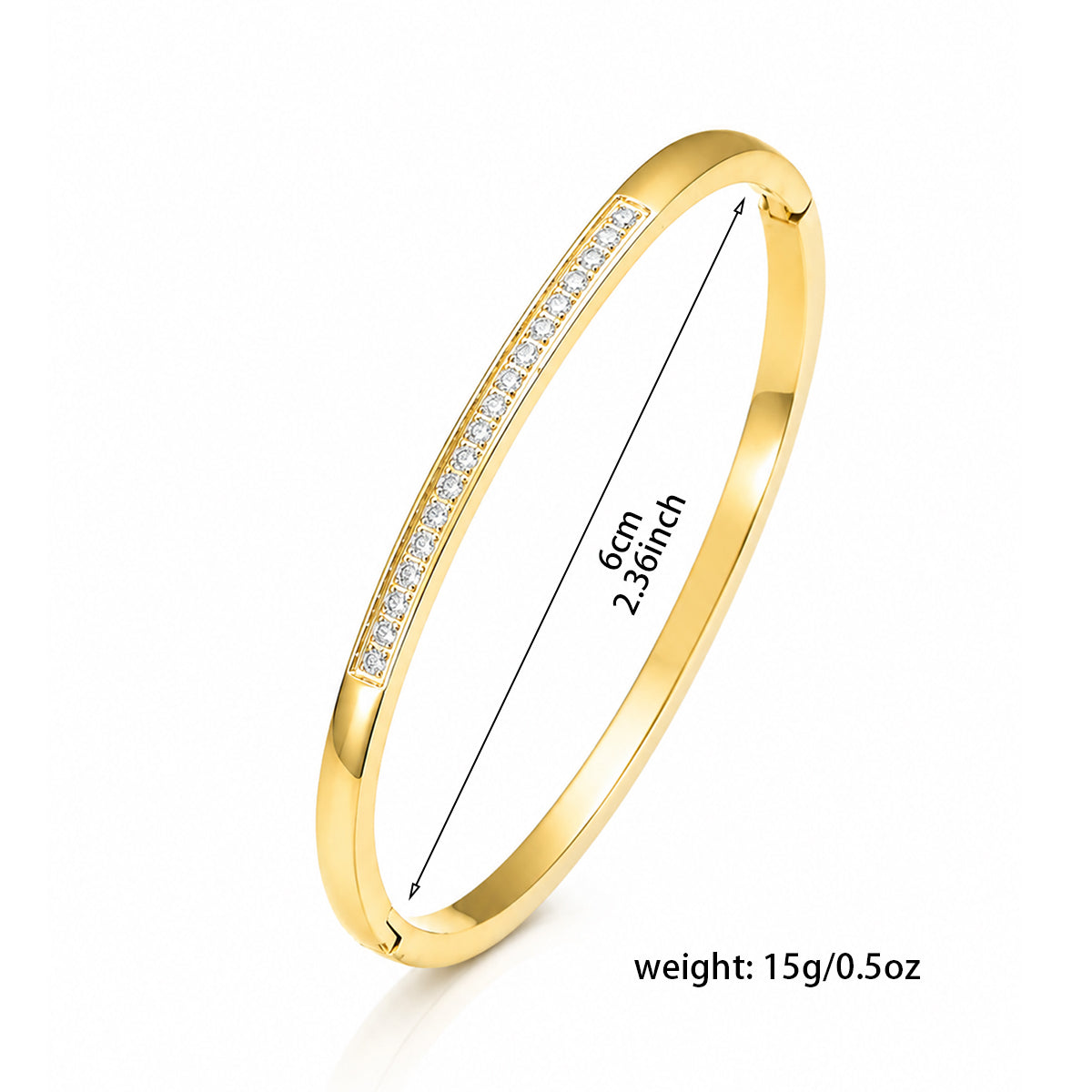 Golden Starlight Zircon gold bangle size guide showing 6 cm diameter and 15 g weight