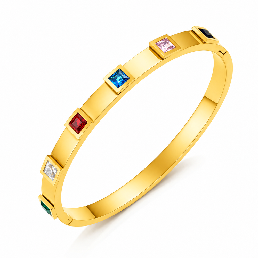 Rainbow Square Zircon Hinged Bangle Bracelet