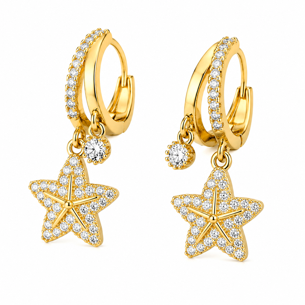 Golden Starfish Zircon Hoop Earrings