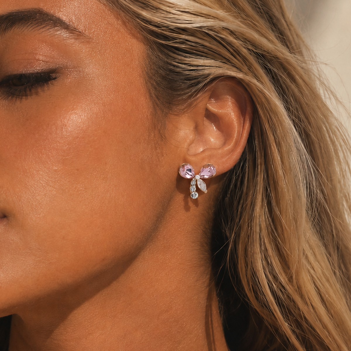 Pink Ribbon Bow Zircon Drop Earrings