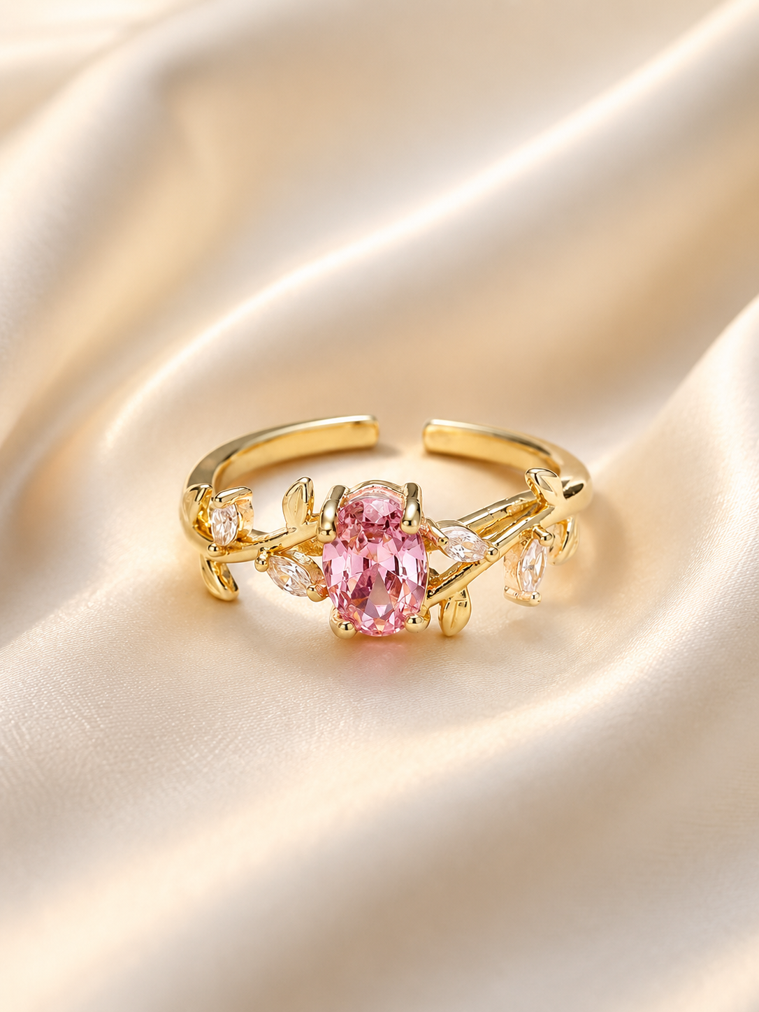 YEVORI Pink Bloom Vine Cubic Zirconia Adjustable Ring
