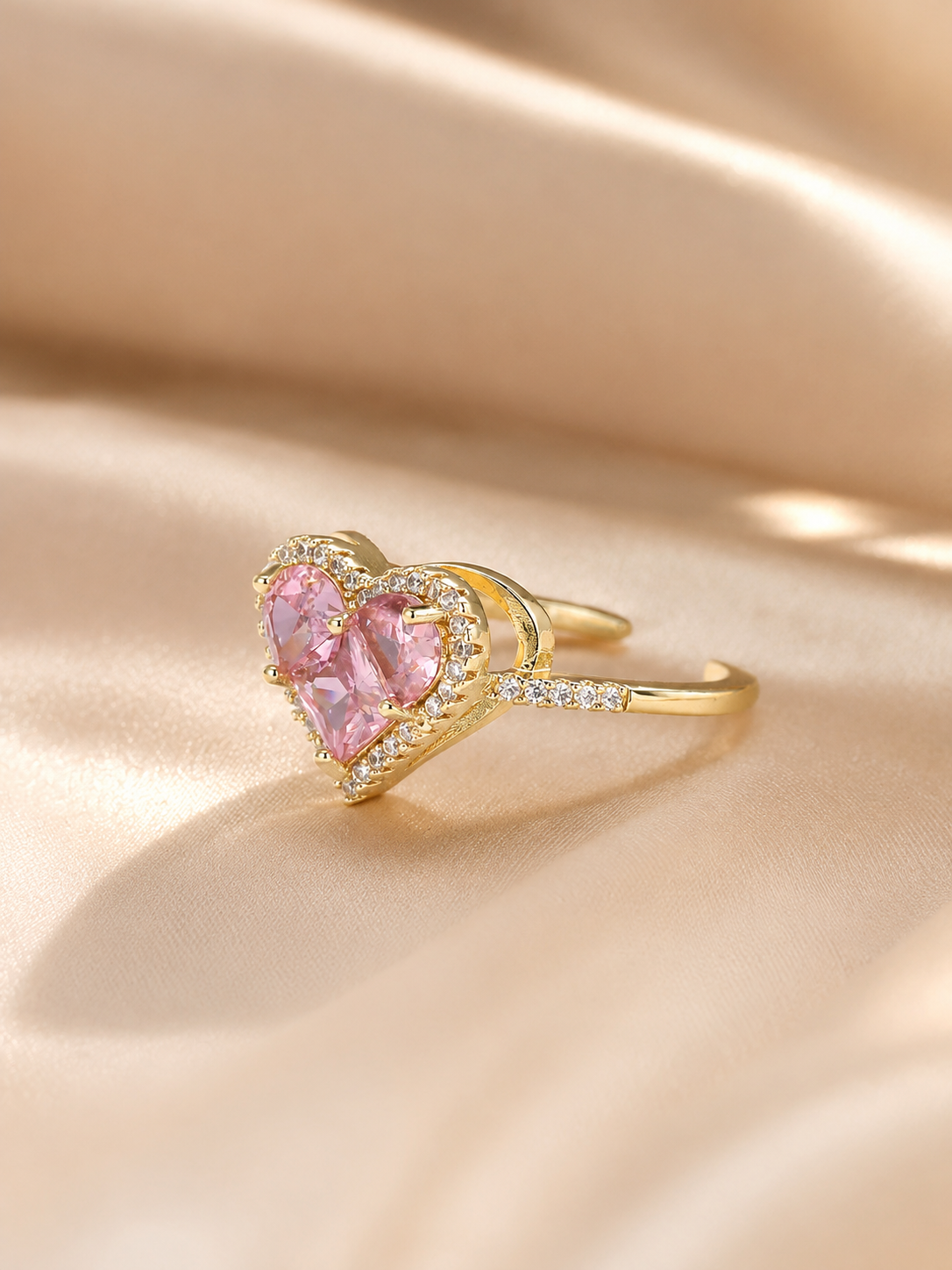 YEVORI Pink Heart Crystal Adjustable Ring