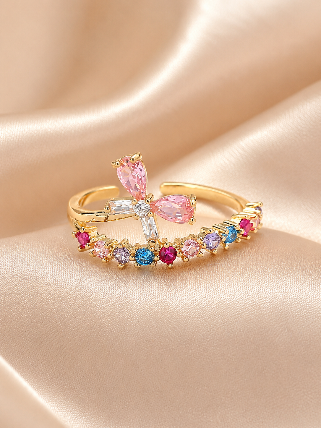 YEVORI Colorful Crystal Butterfly Adjustable Ring