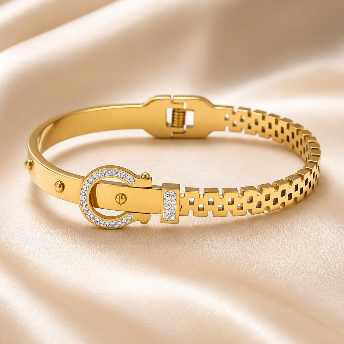 Golden Buckle Zircon Hinged Bangle Bracelet