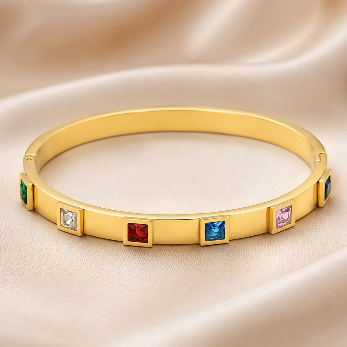 Rainbow Square Zircon Hinged Bangle Bracelet