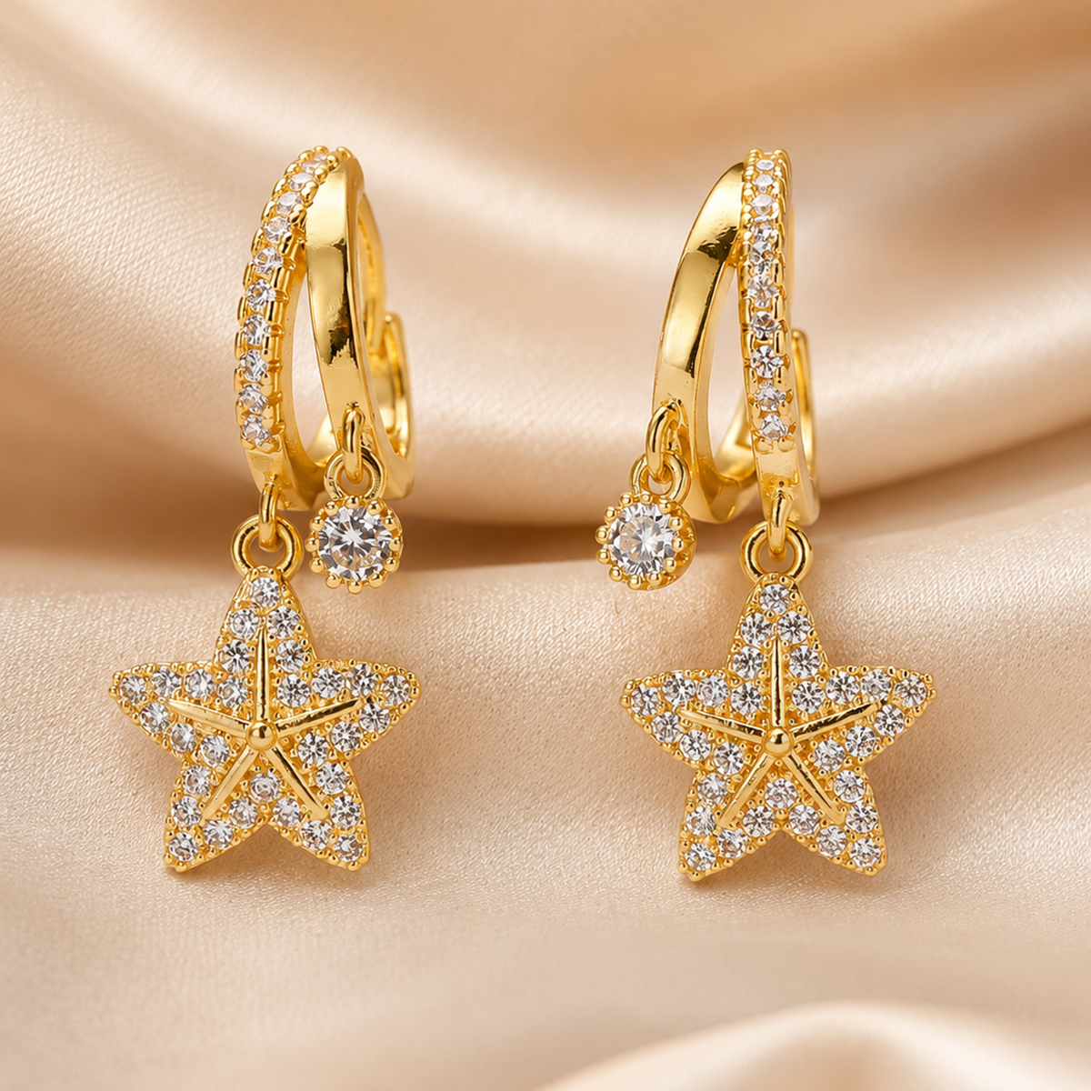 Golden Starfish Zircon Hoop Earrings