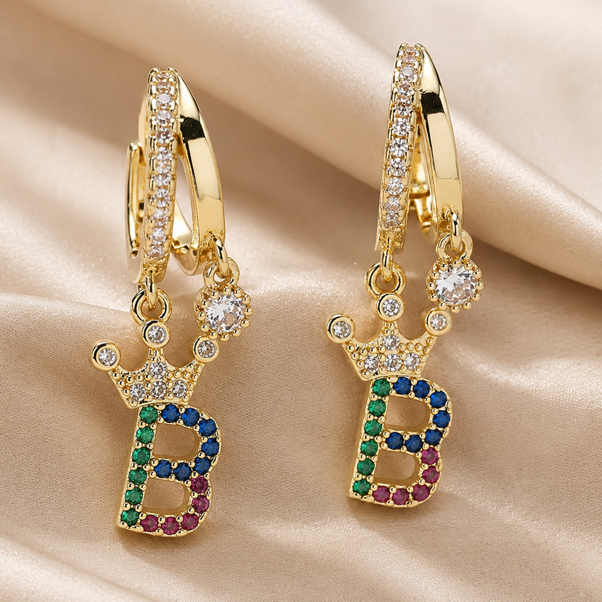 Rainbow Initial B Crown Zircon Hoop Earrings