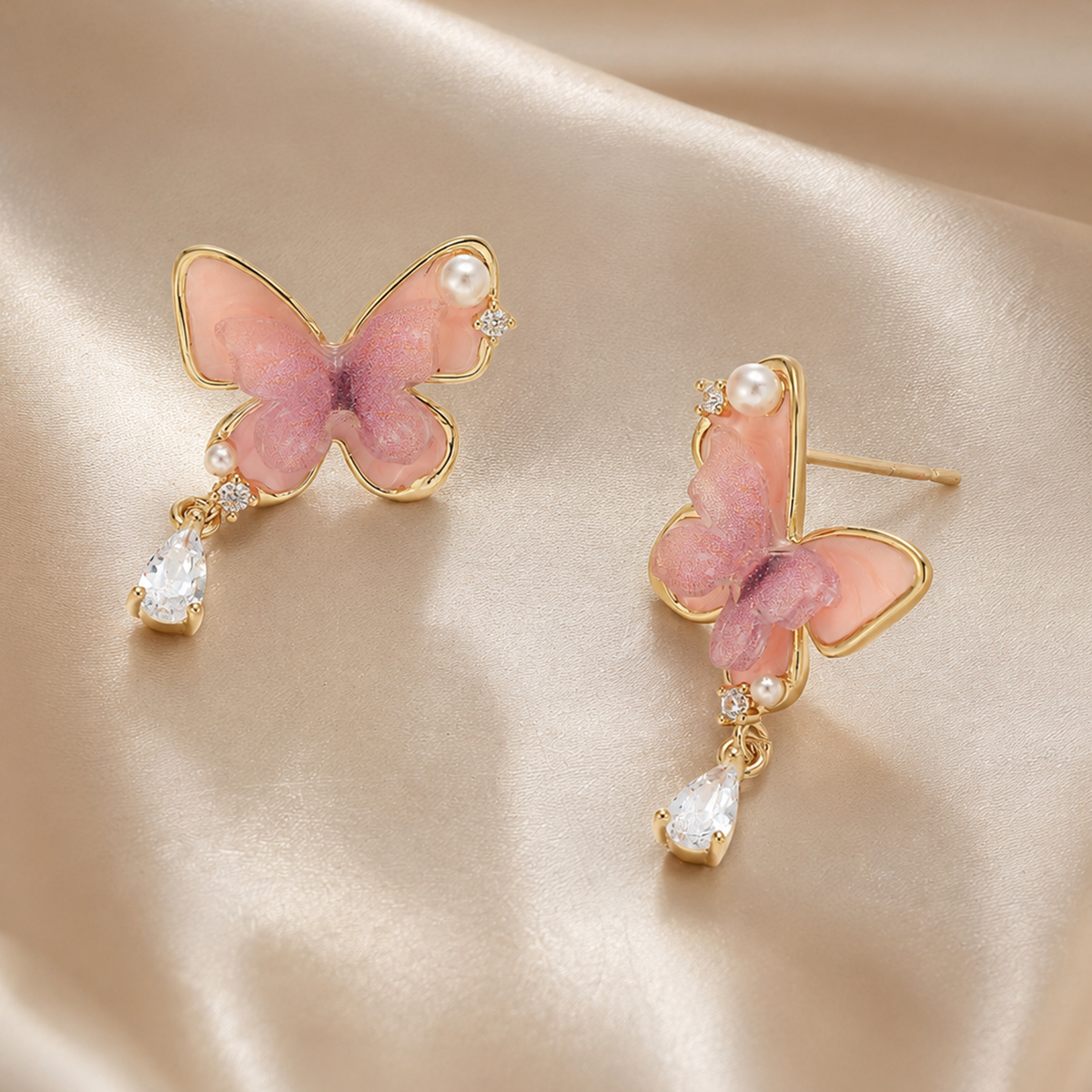 Pink Butterfly Zircon Drop Earrings