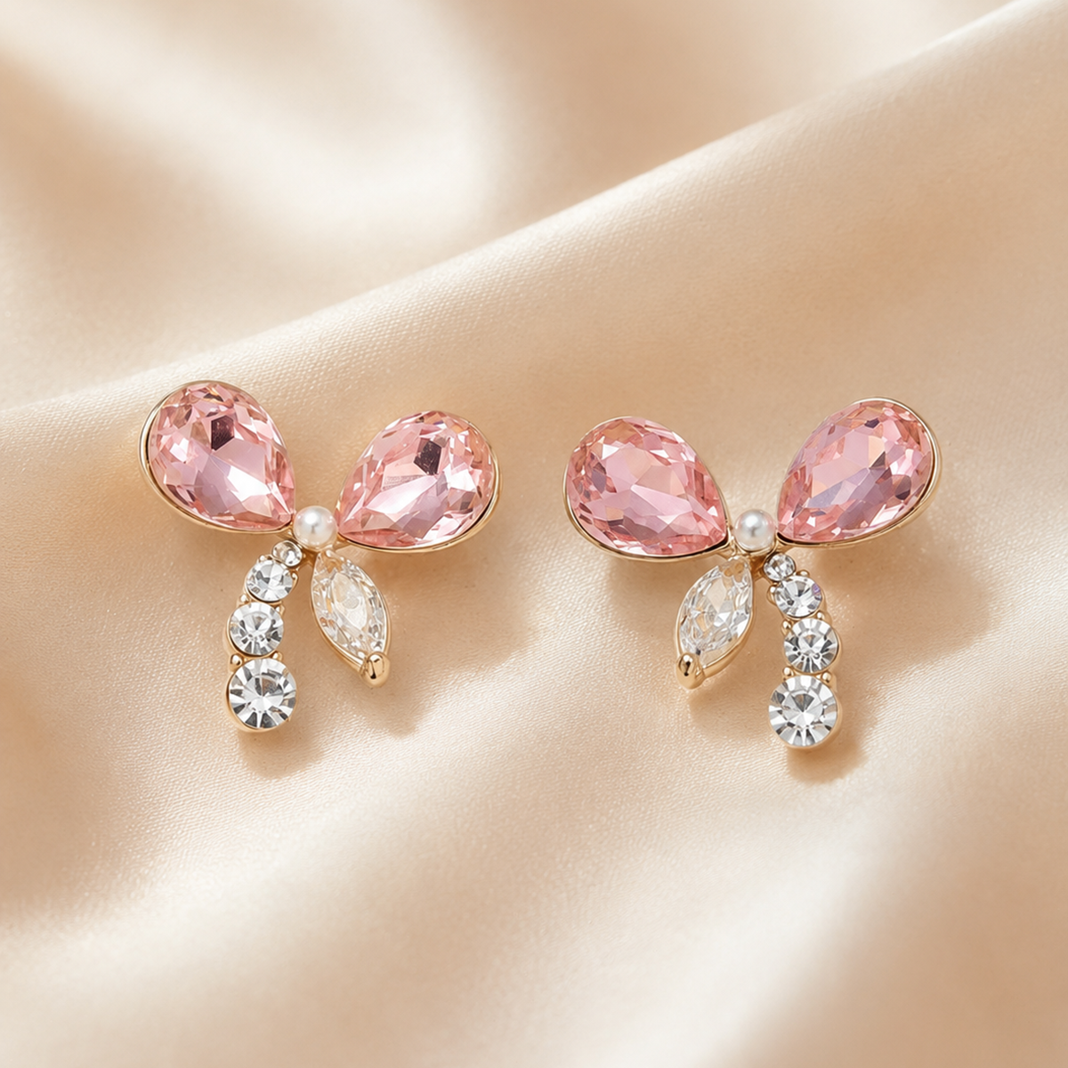 Pink Ribbon Bow Zircon Drop Earrings