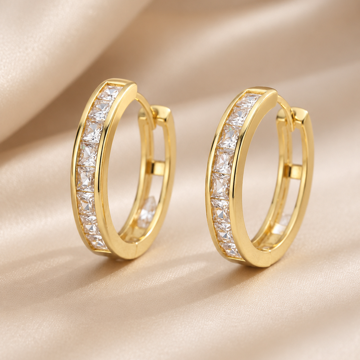 Golden Princess-Cut Zircon Hoop Earrings