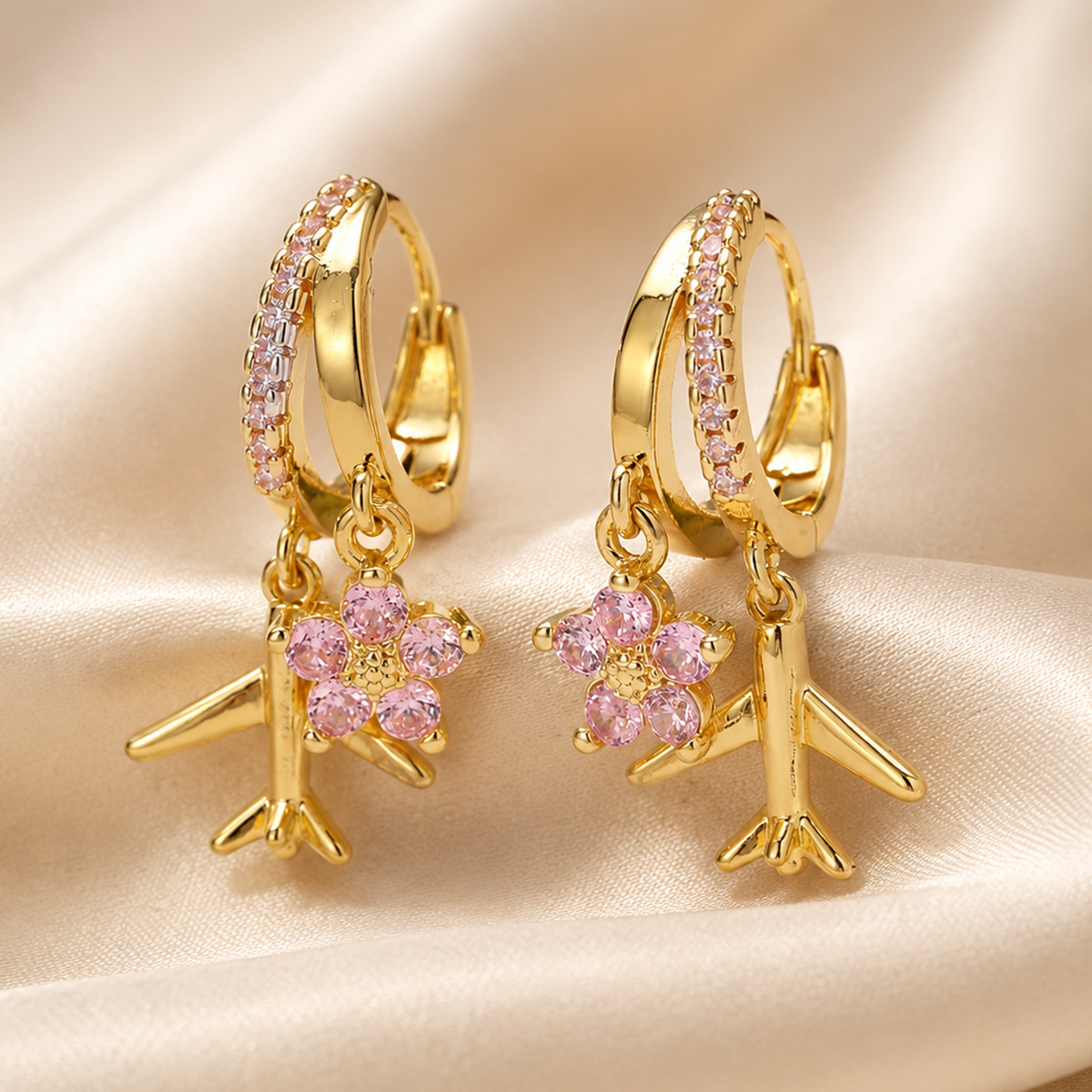 Pink Blossom Airplane Zircon Hoop Earrings