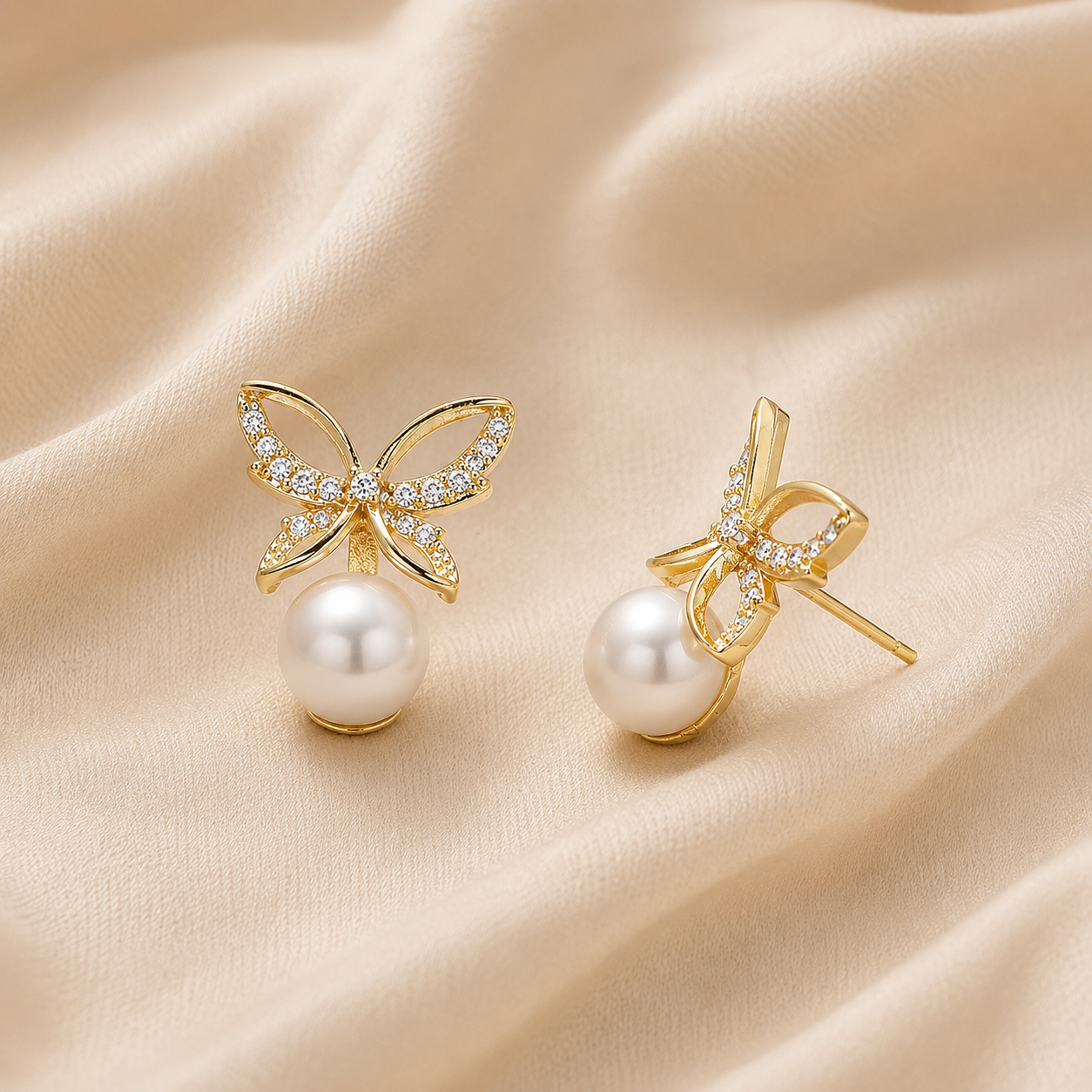 Butterfly Pearl Zircon Stud Earrings