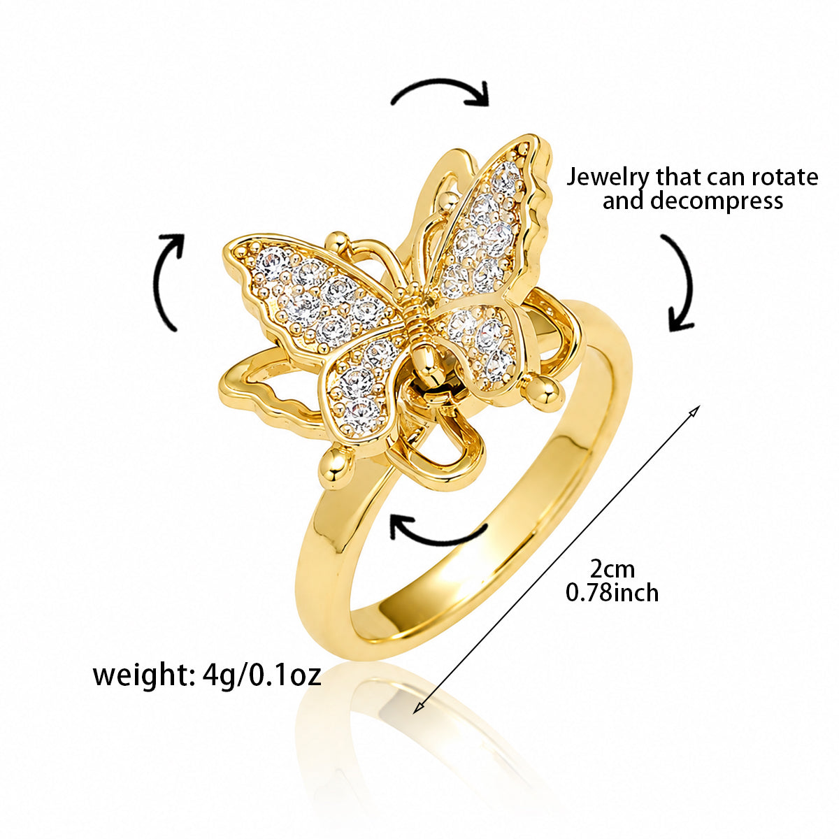Golden Flutter Rotating Cubic Zirconia Butterfly Ring