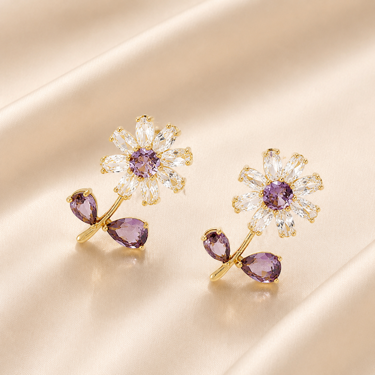 Violet Bloom Cubic Zirconia Flower Earrings
