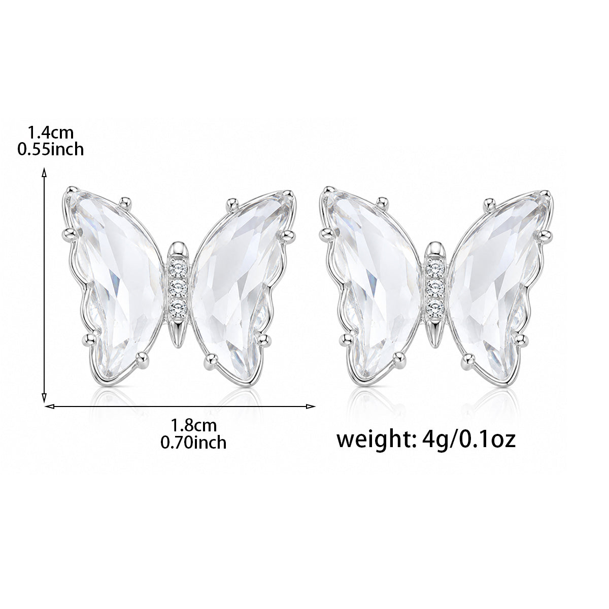 Butterfly zircon stud earrings size measurement 1.8cm x 1.4cm