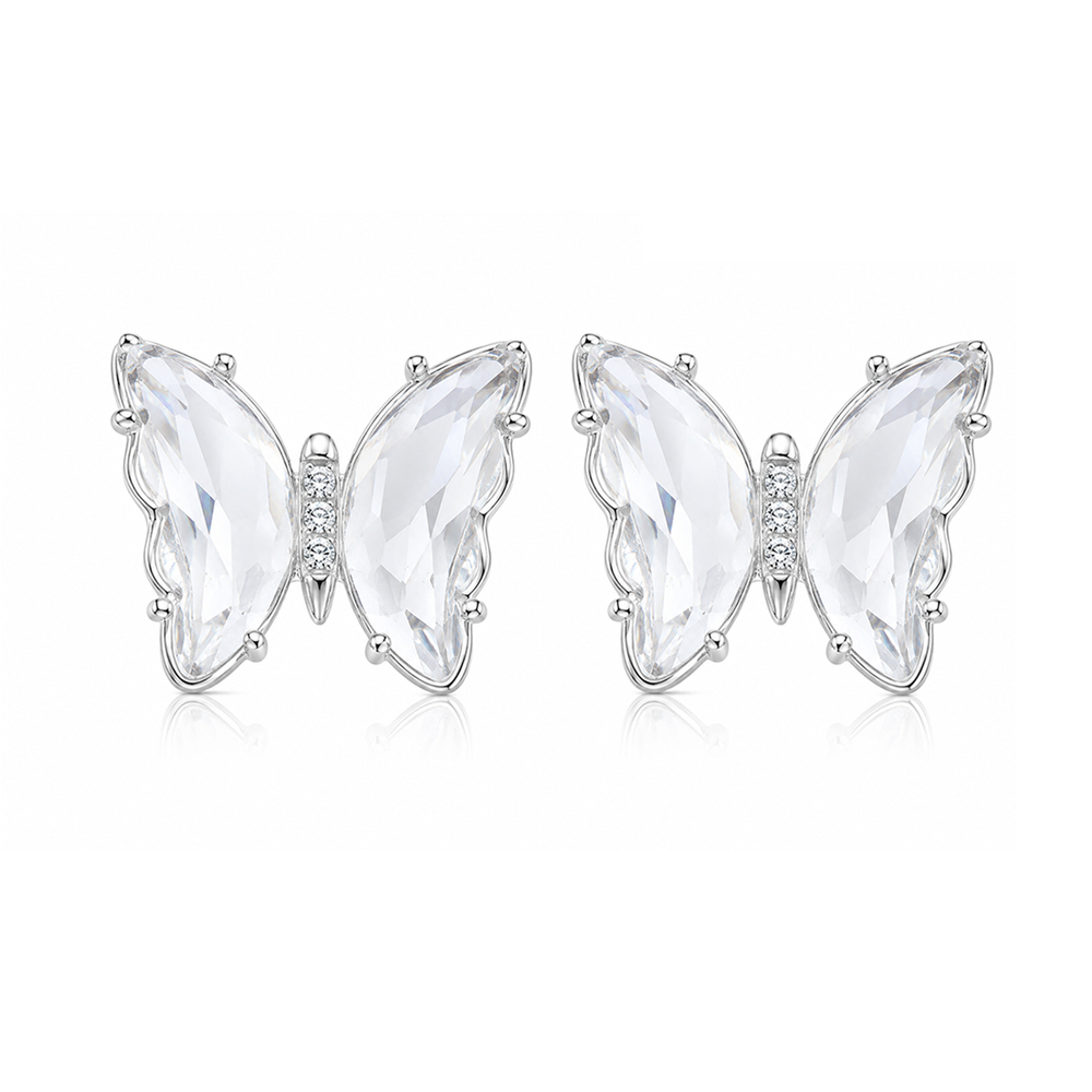 Silver butterfly zircon stud earrings with sparkling gemstone design
