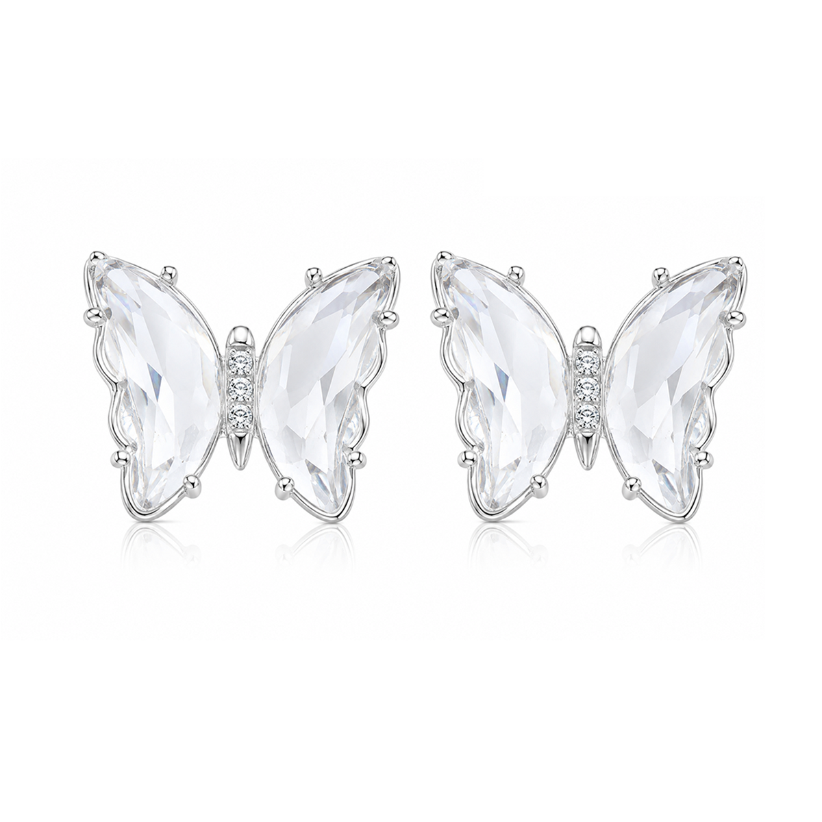 Silver butterfly zircon stud earrings with sparkling gemstone design