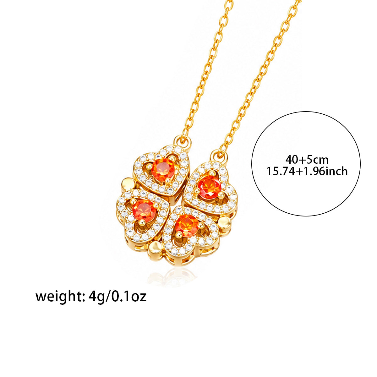 Supplied size reference for the orange heart clover necklace