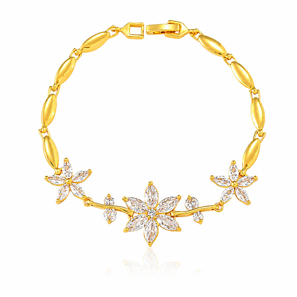 18K gold-plated floral bracelet with clear Zircon stones on a white background