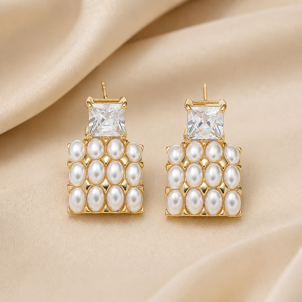 Elegant Pearl Geometric Drop Earrings with Zircon Details for Women