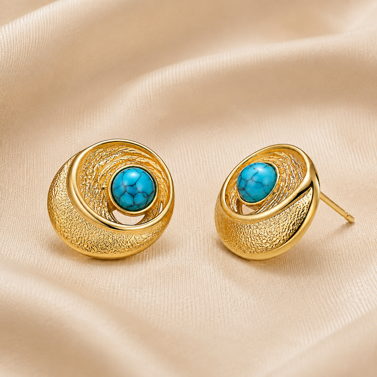 Elegant Vintage Turquoise Stud Earrings with Gold Tone Circular Design