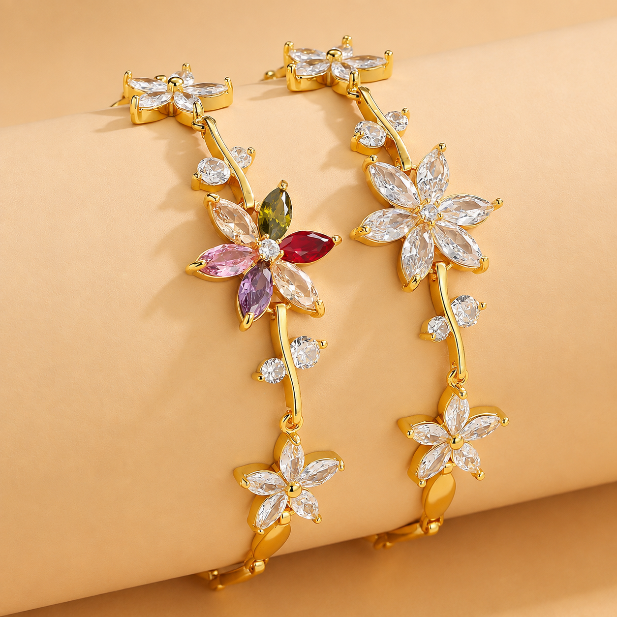 Clear and multicolor Garden Bloom Zircon bracelets displayed together