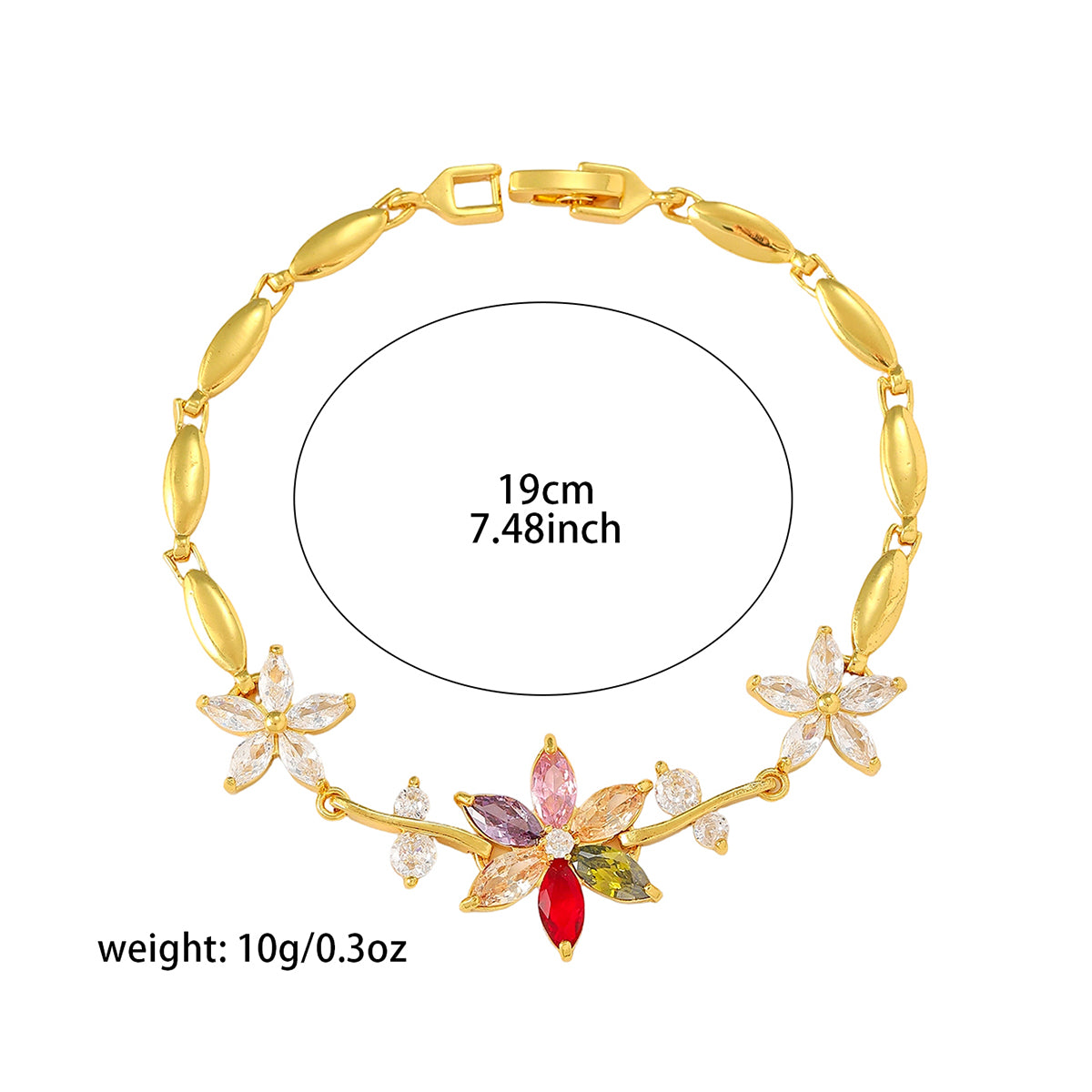 Garden Bloom Zircon Bracelet size guide showing 19 cm length and 10 g weight