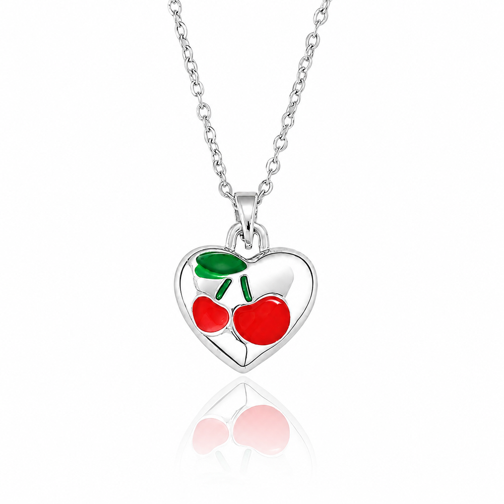 Silver-plated open heart cherry pendant necklace with glossy red enamel cherries