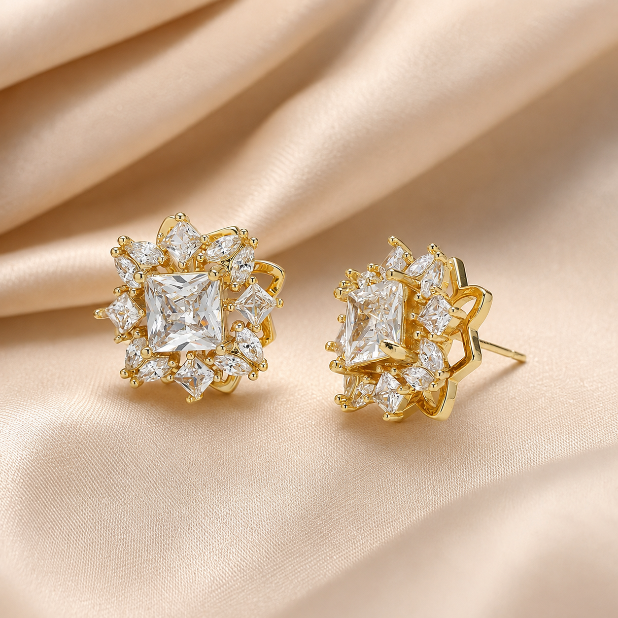 Luxury rotating sunflower zircon earrings displayed on silk background