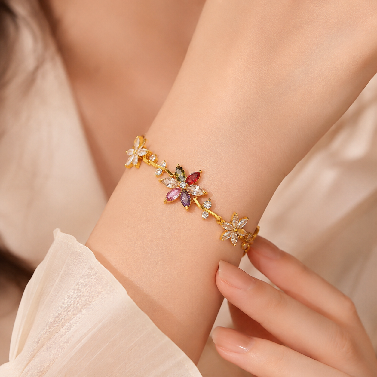 Model wearing the multicolor Garden Bloom Zircon floral bracelet