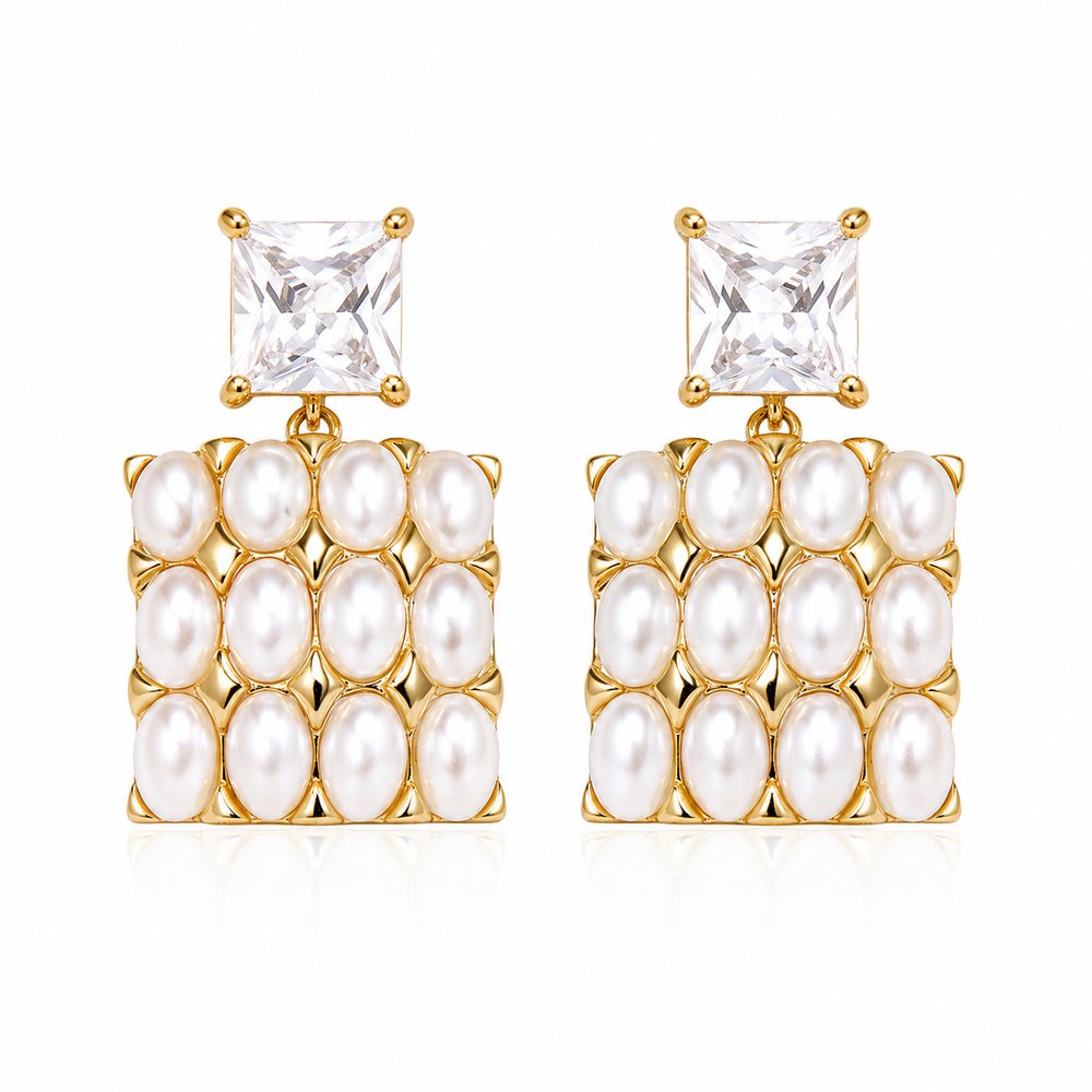 Pearl Geometric Drop Earrings with Zircon Stones and 18K Gold Plated Copper