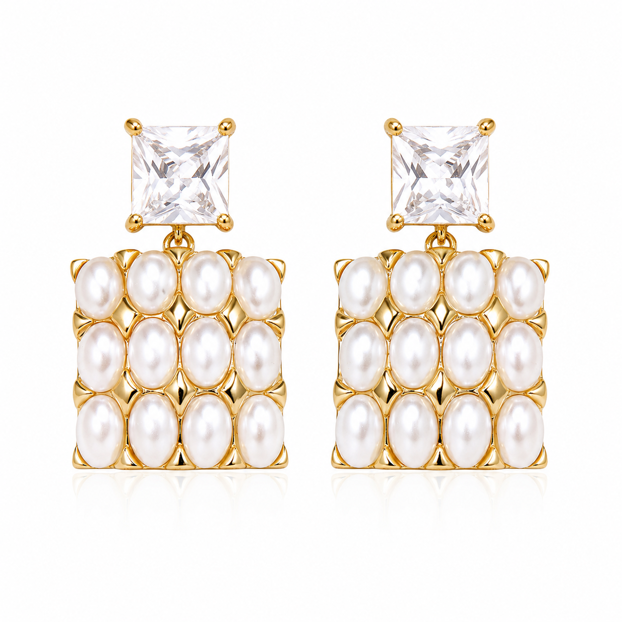 Pearl Geometric Drop Earrings with Zircon Stones and 18K Gold Plated Copper