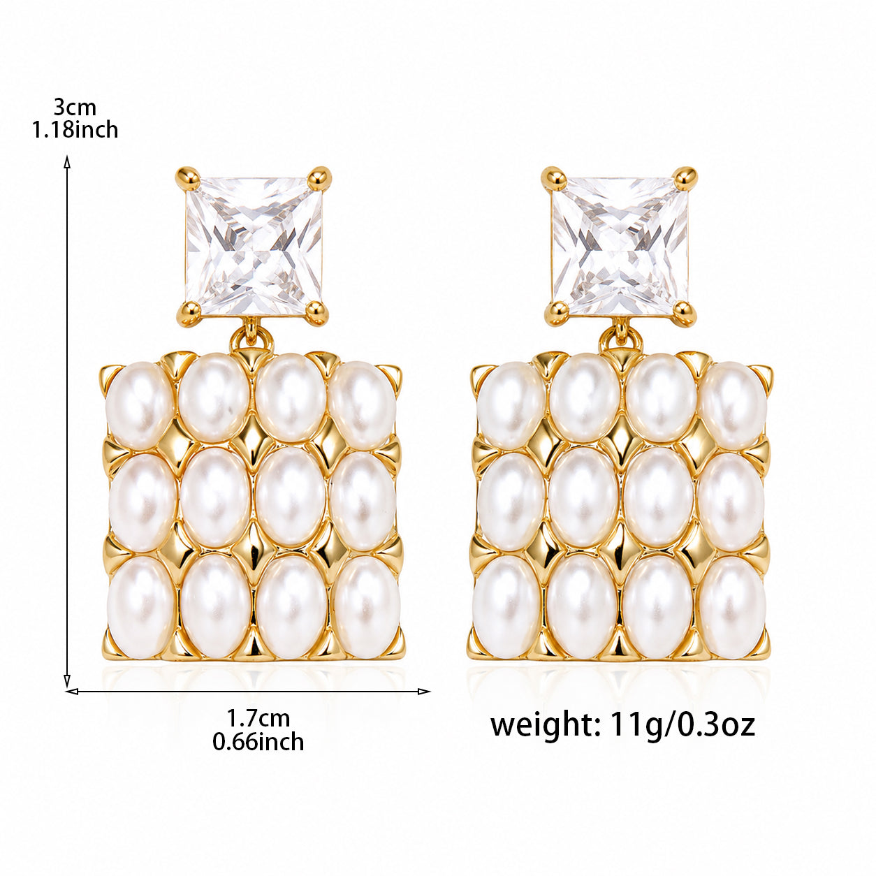 Pearl Geometric Earrings Size Details with Zircon Stones and 18K Gold Plated Copper Jewelry