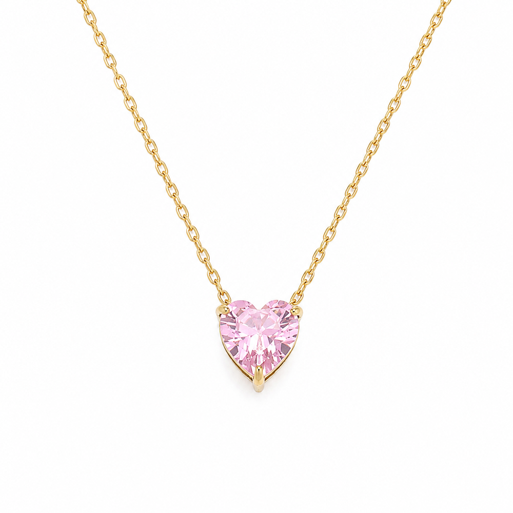 Pink heart zircon necklace with gold-tone chain and sparkling pendant