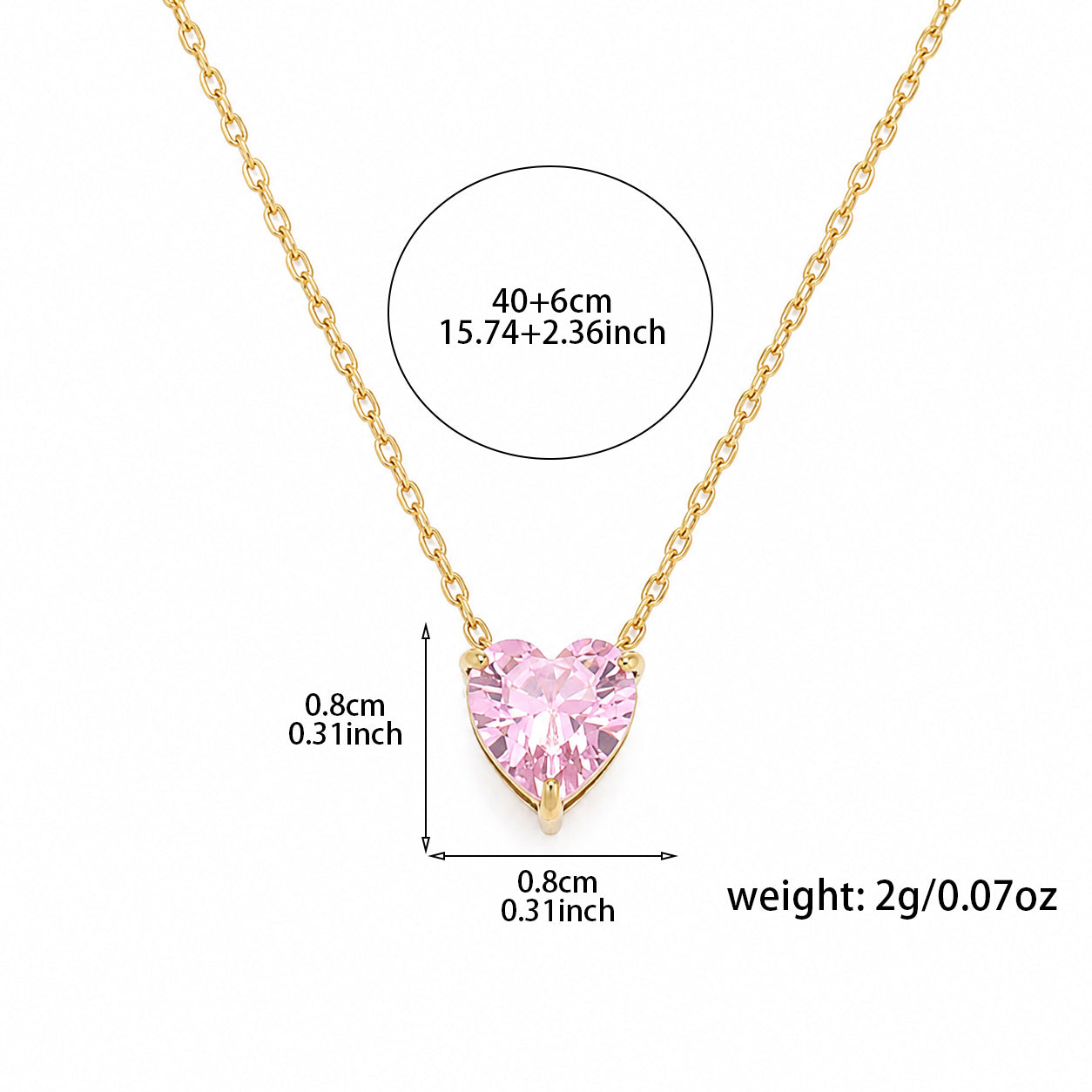 Pink heart zircon necklace size measurement with 40 plus 6 cm chain