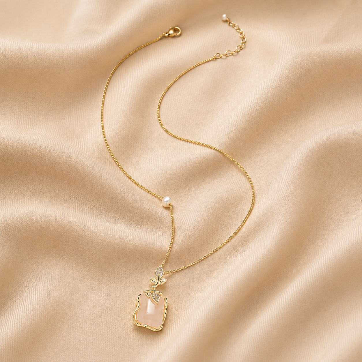 Luxury pink stone pearl pendant necklace displayed on silk background