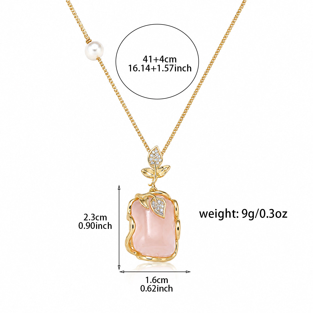 Pink stone pearl pendant necklace size and pendant details
