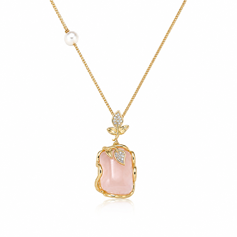Pink stone pearl pendant necklace with gold plated setting