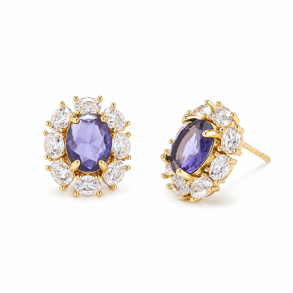 Purple halo zircon stud earrings with gold plated setting