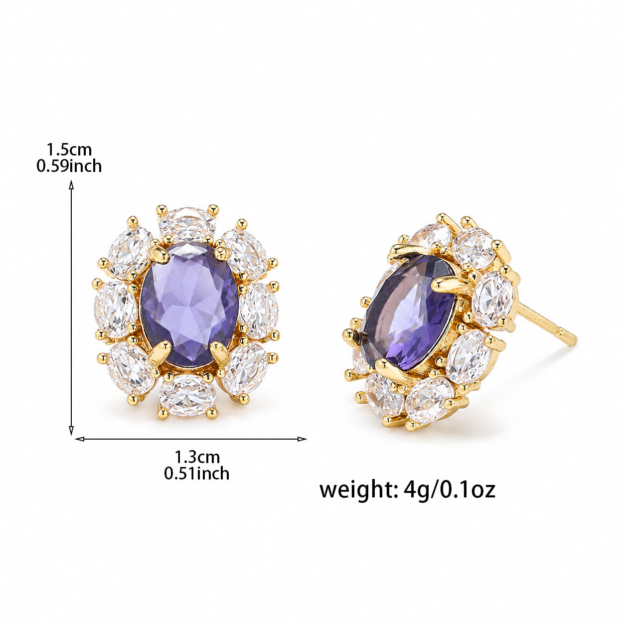 Purple zircon stud earrings size and jewelry details